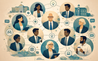 A drawn picture of 10 people connected by dotted lines and symbols representing ideas and messages being shared between them. It is a mixed group of senior leaders, men and women of mixed ethnicities. In the background are also two brick buildings to represent universities.