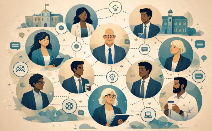 A drawn picture of 10 people connected by dotted lines and symbols representing ideas and messages being shared between them. It is a mixed group of senior leaders, men and women of mixed ethnicities. In the background are also two brick buildings to represent universities.
