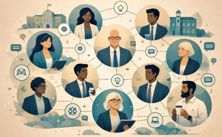A drawn picture of 10 people connected by dotted lines and symbols representing ideas and messages being shared between them. It is a mixed group of senior leaders, men and women of mixed ethnicities. In the background are also two brick buildings to represent universities.