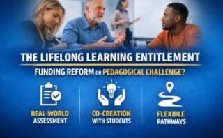 Picture of three lifelong learners and one academic in a classroom and then text summarising key elements of the post. It says: Lifelong Learning Entitlement. Funding reform or pedagogical challenge? Real-world assessment. Co-creation with students. Flexible pathways.
