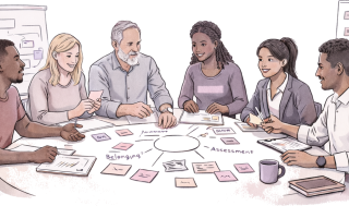 A drawing of 6 people, 3 men and 3 women of a variety of ethnicities and ages, sitting around a round table collaborating together, representing students, academics and professional services staff taking part in a charrette co-creating and discussing belonging and assessment