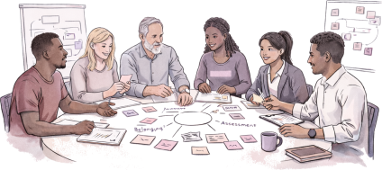A drawing of 6 people, 3 men and 3 women of a variety of ethnicities and ages, sitting around a round table collaborating together, representing students, academics and professional services staff taking part in a charrette co-creating and discussing belonging and assessment