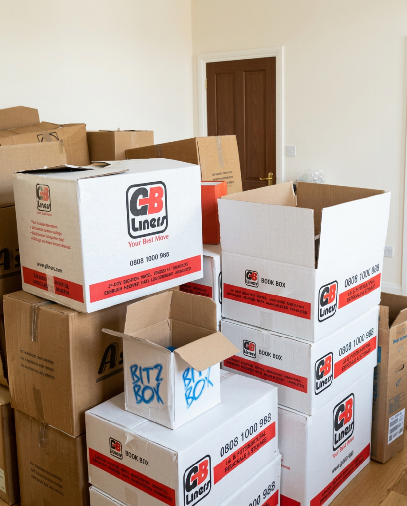 A room with removal boxes piled up by a door, some are open and some are packed.