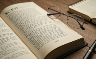 Image of a dictionary, glasses, pen, and notebook on a wooden desk