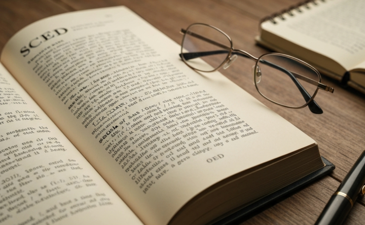 Image of a dictionary, glasses, pen, and notebook on a wooden desk