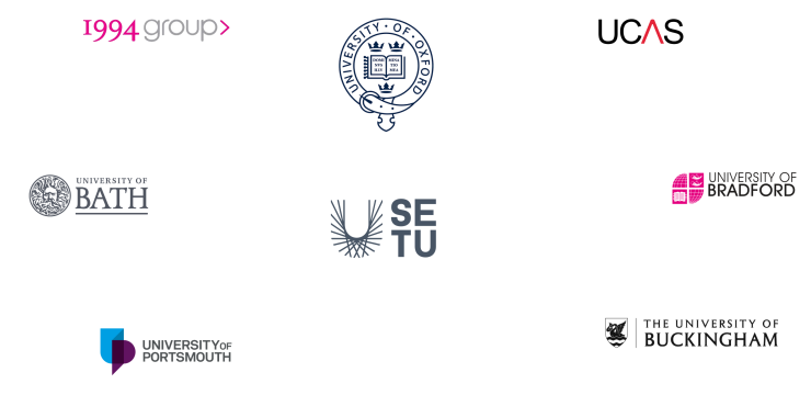 Logos of the universities and institutions mentioned in the post: universities of Oxford, Bath, Bradford, Portsmouth, and Buckingham; and UCAS and the erstwhile 1994 Group