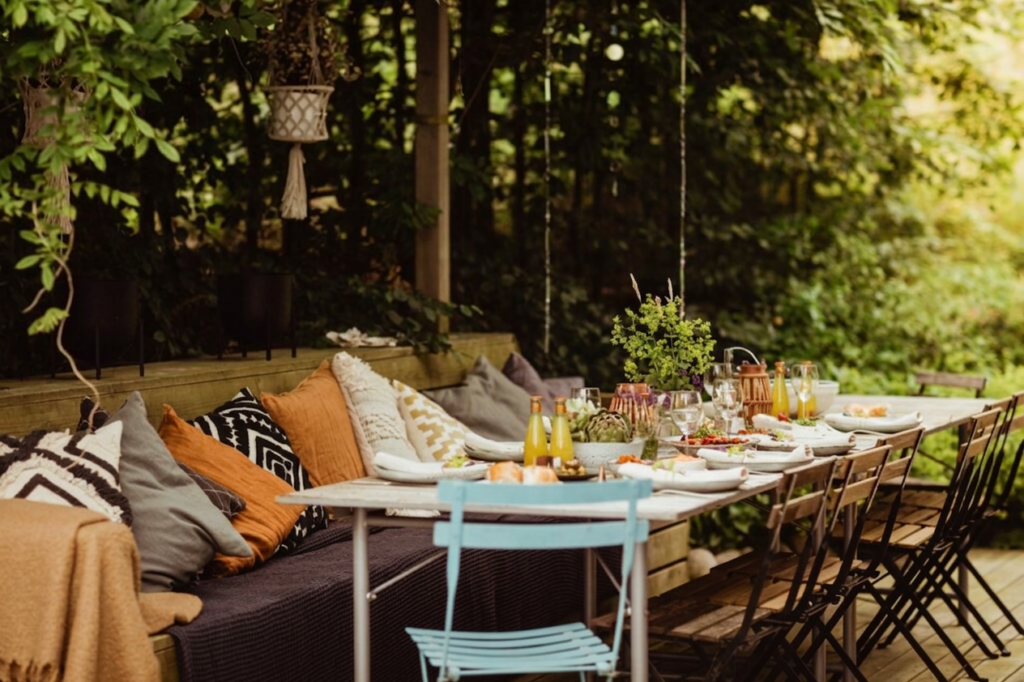 Dining table set outside.